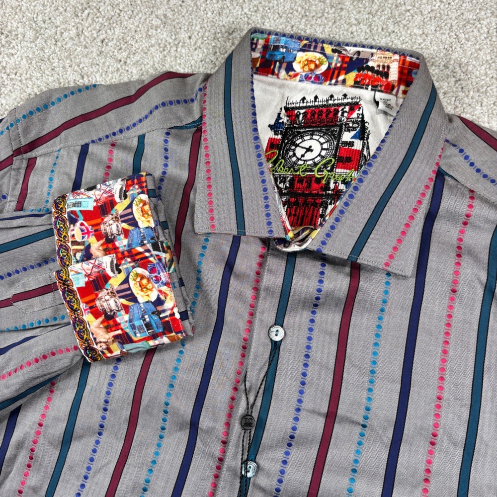 NEW Robert Graham Button Down Shirt Mens XL Stripe London Interior Cuffs